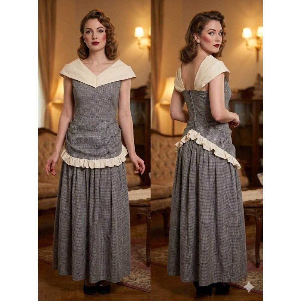 Vintage 40s Emma Domb Gown Black White Gingham Taffeta Long Dress Party Small